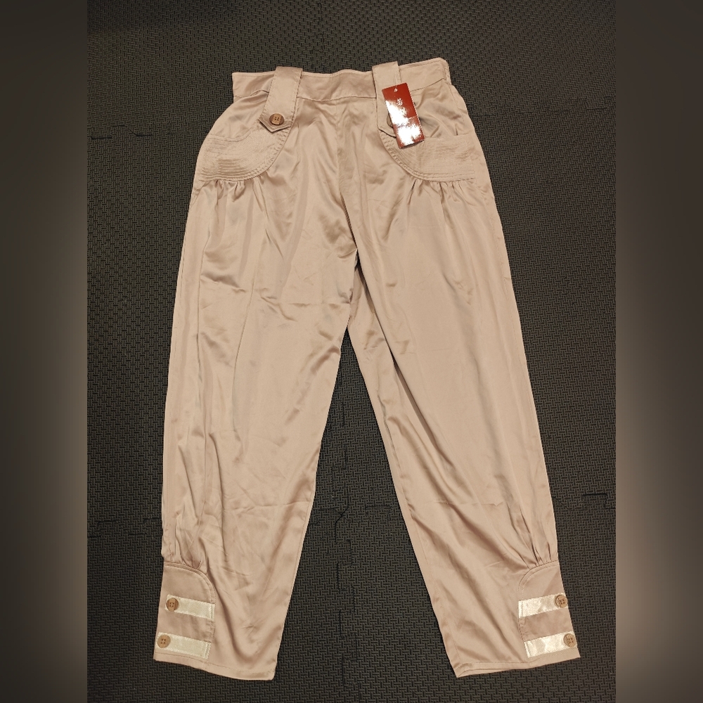 New! Pink Beige Silk Trousers with Button Accents